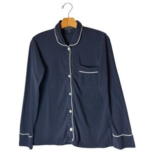 J Crew Pajama Top Women XS Navy Blue Long Sleeve White Piping Button Down Lounge